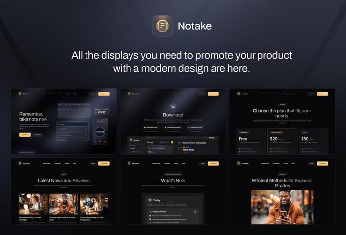 Notake — Product Website - Notake is a product website with a trendy design. The template is designed to promote your application used in web app, mobile app and other media. 