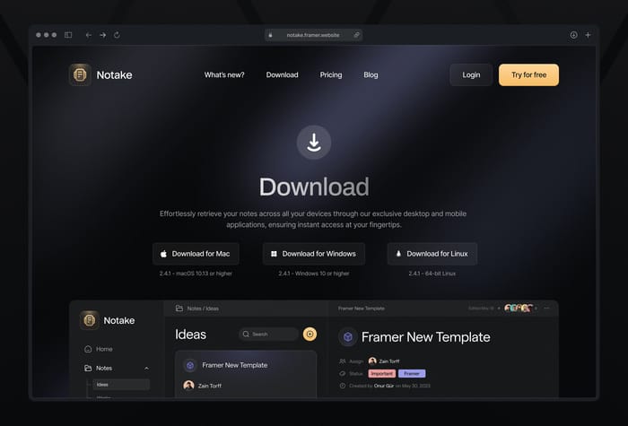 Notake — Product Website - Notake is a product website with a trendy design. The template is designed to promote your application used in web app, mobile app and other media. 