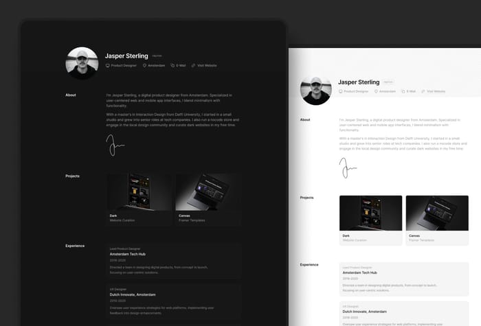 Vitae — One-Page Online CV Template - Revolutionize your CV with this online one-page template. Customizable, engaging, and technically superior with a flawless Lighthouse Speed score. It features sections like about, projects, experience, education, awards and contact.