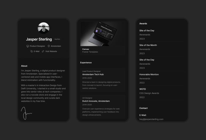 Vitae — One-Page Online CV Template - Revolutionize your CV with this online one-page template. Customizable, engaging, and technically superior with a flawless Lighthouse Speed score. It features sections like about, projects, experience, education, awards and contact.