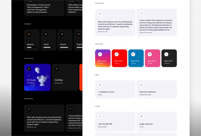 BentoCV — Website CV - The Bento CV template is visually appealing easy-to make and easy-to-read curriculum vitae website. Easily change text, color, icon, link and purpose of each tile.