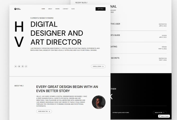 Hugo Vicario — Personal Portfolio Website - The Hugo Vicario Framer Template is the ideal choice for creatives seeking a strong online presence. Its sleek, responsive design highlights your work on all devices, offering a user-friendly experience for easy customization to match your style. 