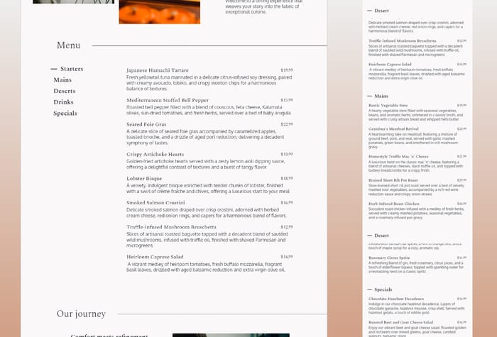 NuvoluxeDining — Restaurant Menu Website - Nuvoluxe Dining – perfect for elegant restaurants with a refined taste. It has subtle animation to really bring the site to life. It is also designed with a CMS to manage your menu items and prices.