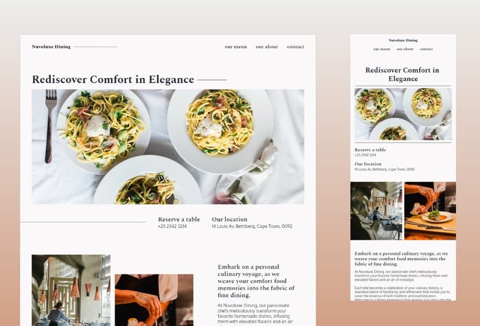 NuvoluxeDining — Restaurant Menu Website - Nuvoluxe Dining – perfect for elegant restaurants with a refined taste. It has subtle animation to really bring the site to life. It is also designed with a CMS to manage your menu items and prices.