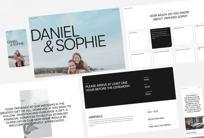 Calyx — Wedding Event Website - This is a one-page landing website for a wedding event. On it, the bride and groom can display the plans for the day, and the story behind how they met, as well as a fun-fact quiz for their guests to interact with.