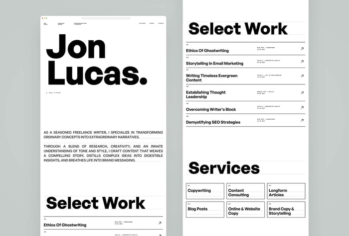 JustType — Writer Website - JustType is a typography-focused website template made for writers. It is designed for those looking to create a portfolio with just words. The template is a simple and clean landing page with elegant scroll animations that keep it interesting. It comes in 3 different colour theme options, each with a light and dark mode pairing. 