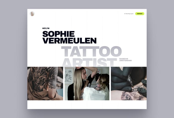 Sophie —  Tattoo Artists Portfolio Website - Sophie is a bold and modern portfolio template for tattoo artists, creatives, and other artists. Showcase your unique work and personality with an impressive online presence.