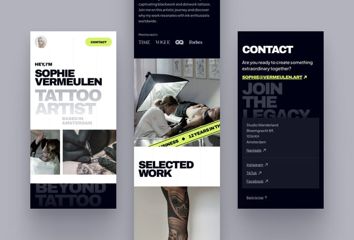 Sophie —  Tattoo Artists Portfolio Website - Sophie is a bold and modern portfolio template for tattoo artists, creatives, and other artists. Showcase your unique work and personality with an impressive online presence.