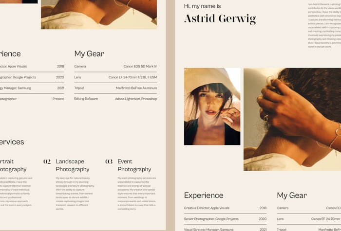Astrid — Photography portfolio template - Introducing a minimal and elegant photographer portfolio template meticulously crafted for Framer. Seamlessly blending form and function, this template offers a refined showcase for your captivating visuals. With its clean design and intuitive navigation, it empowers photographers to effortlessly present their work in a way that resonates with both simplicity and sophistication. Elevate your portfolio with this sophisticated template and let your images take center stage.