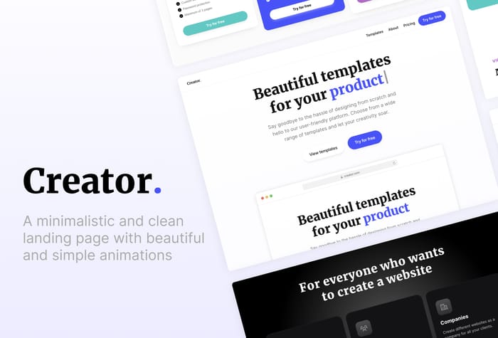 Creator —  Landing Page Template - Creator is a minimalistic and clean landing page with beautiful and simple animations for your digital product. You can use it to show your product, feature your idea or highlight your startup.