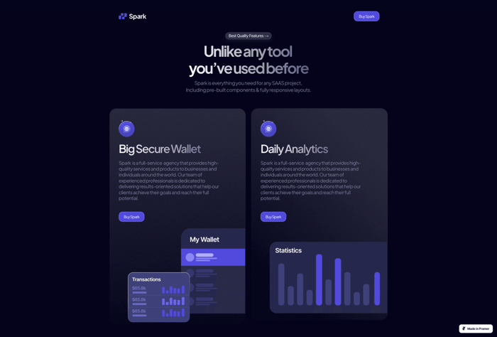 Spark — SaaS Landing Page TemplateSpark - Spark is a one-page clean and professional Framer template with smooth interactions that will help you stand out from the rest. Designed for SaaS businesses, Startups, and Designers. Customize it to match your brand and publish to the web ultra fast!
