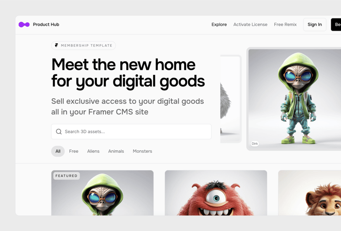 ProductHub — Ecomerce Platform - Tailored for entrepreneurs and creators selling digital goods. Begin with a selection of free products to entice your audience, and seamlessly upgrade them to access your full library. Crafted to showcase your digital offerings in style.