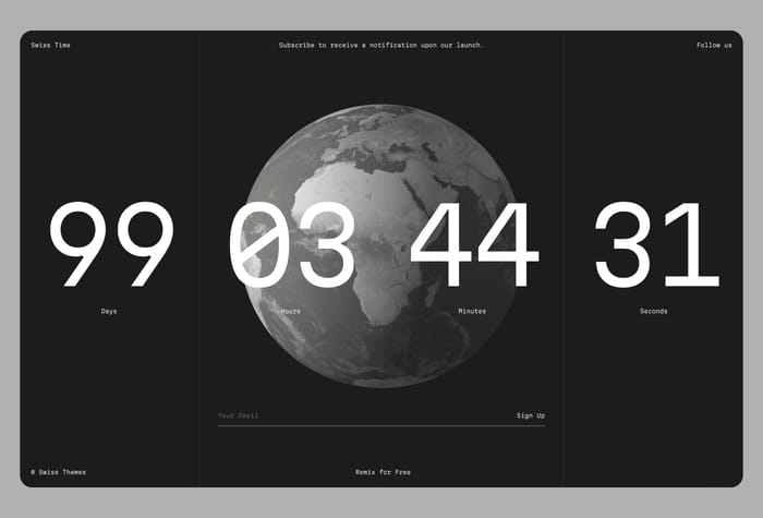 SwissTime — Countdown Template - Launch your project in style with Swiss Time – a sophisticated, free countdown template. Seamlessly collect email leads and build anticipation before your takeoff!
