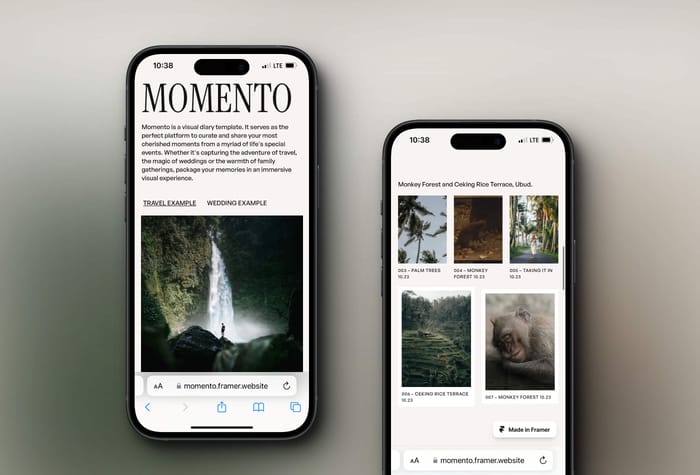 Momento —  Visual Diary Template. - Momento is a visual diary template. It serves as the perfect platform to curate and share your most cherished moments, whether it's capturing the adventure of travel or the magic of weddings.