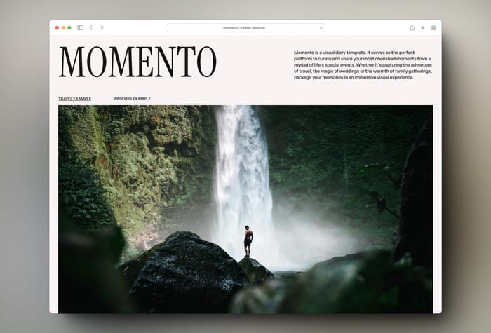 Momento —  Visual Diary Template. - Momento is a visual diary template. It serves as the perfect platform to curate and share your most cherished moments, whether it's capturing the adventure of travel or the magic of weddings.
