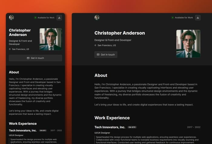 NuanceCV — Simple Portfolio - NuanceCV is a one-page, CV-inspired template that lets you effortlessly showcase your work, projects, skills, and contact details, launching your professional presence in mere hours.