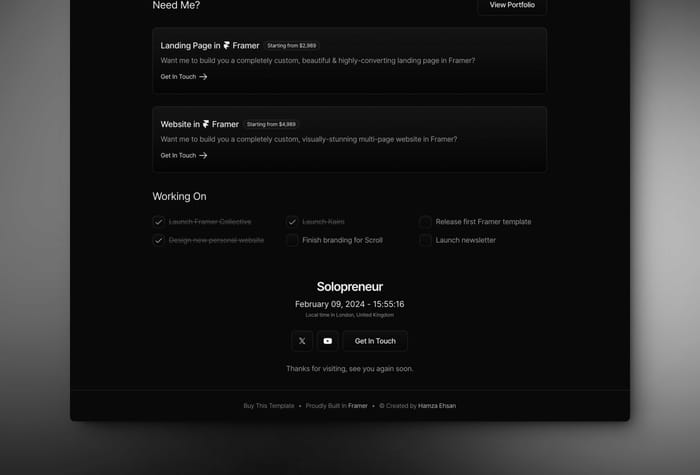 Solopreneur — Portfolio for Creatives &amp; freelancers - Introducing Solopreneur - the premium Framer template for solopreneurs, creatives &amp; freelancers in all its minimal glory. Showcase your ventures, products, and what’s you're working on in this clean, aesthetic and timeless template.