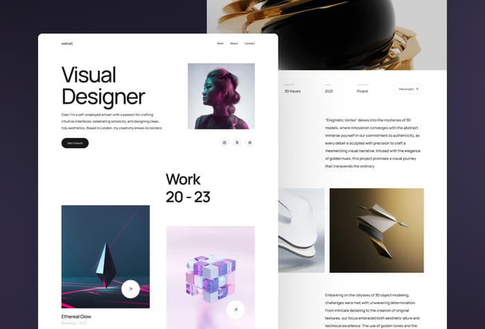 Welvet — Minimalist Portfolio - Meet Welvet, the perfect Framer template for designers, developers, freelancers, and artists. With its sleek, minimalist design, Welvet offers a stylish canvas to effortlessly showcase your creativity online.