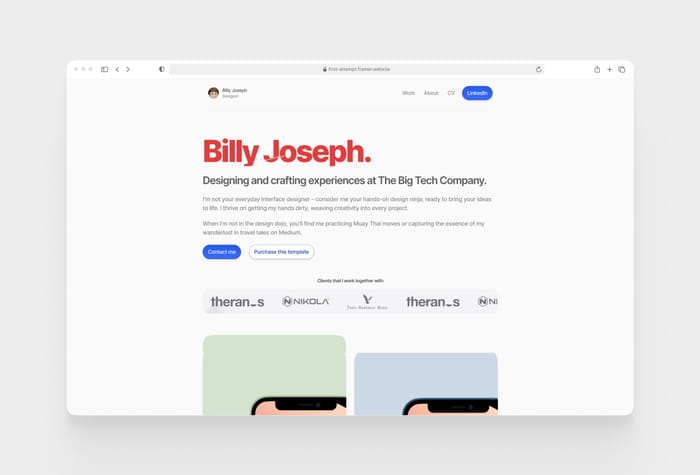 FirstAttempt — UX Portfolio - Unleash success with First Attempt Framer UX Portfolio—a game-changer for aspiring designers. Pinterest-inspired elegance, and sleek squircle components, guarantee a standout showcase.