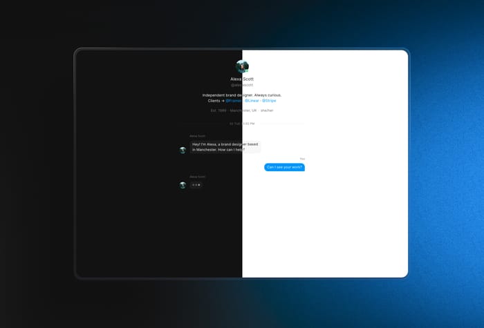 Messenger — Personal Website - Messenger is a personal website template made for Framer. It features an interactive conversational style designed for creatives to show their work and experience, as well as featuring other types of content.