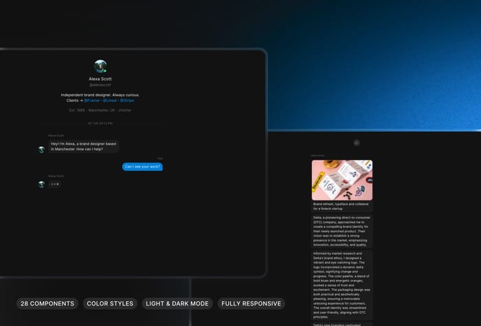 Messenger — Personal Website - Messenger is a personal website template made for Framer. It features an interactive conversational style designed for creatives to show their work and experience, as well as featuring other types of content.