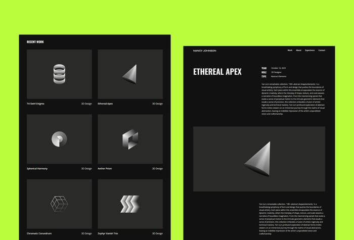 Artix — Personal Portfolio - Artix is a Framer portfolio template designed for artists, designers, and developers. It serves as a platform to showcase creative projects, work experiences, biography, and skills.