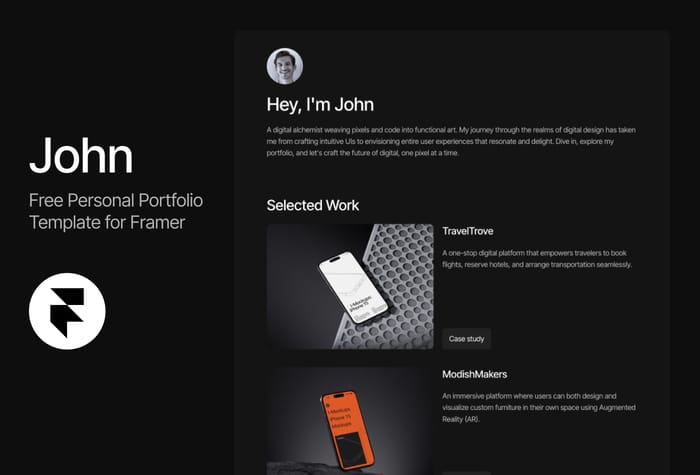 JOHN — Personal Portfolio Template - Showcase your work with style using this minimal one-page Framer portfolio template. Designed for professionals seeking a clean, intuitive layout. Perfect for designers, artists, and creatives.