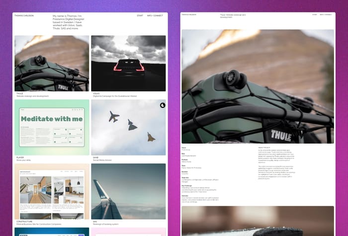 Helium — Portfolio Website - Helium is a light portfolio website for you who wants less distraction and all the focus on your work. Clearly display your work on the home page, and easily add your own projects with the built in CMS. The coherent animations throughout the template gives a professional impression.