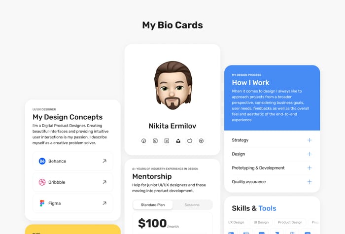 BioCards — Pesonal Portfolio - Introducing "BioCards", a wonderful Framer template created especially for those who are looking for a minimalistic and subtle personal portfolio. With this carefully crafted layout, you will be able to raise your status online and showcase your creative achievements and talents with ease. Includes: dark mode, smooth animation, adaptation for all devices.