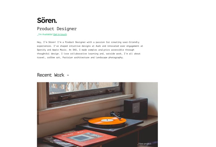 Sören — Resume Style Portfolio - Sören is a beautifully simple template in a resume style. I aimed to create something that is stripped back to allow the focus to be on the users work, with an easy way for potential clients to make contact.
