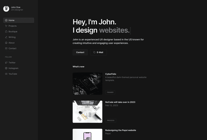 Dashfolio — Portfolio Template - Show, sell, and write – With Dashfolio, a dashboard-styled portfolio website template built for Framer, you can present yourself in ideal shape online. This template is perfect for designers, marketers, and developers!