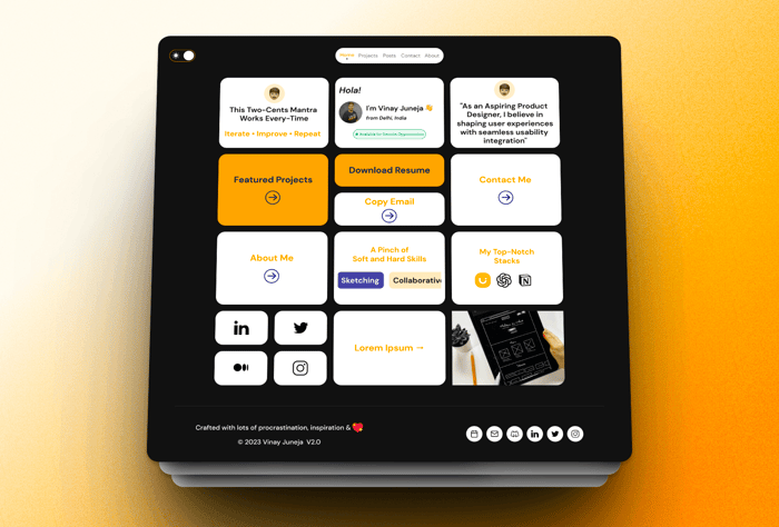 Bentolio —  Personal Portfolio Template - This template, inspired by bento grids, offers a sleek design with five essential pages (Home, Posts, Projects, Contact Me, About Me) and a user-friendly navigation menu. It also features a stylish light and dark mode, catering to those who appreciate structured aesthetics for a standout personal portfolio.