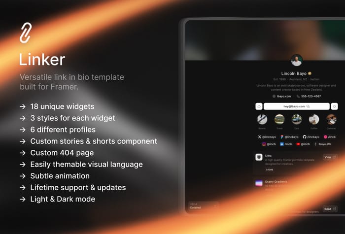 Linker — Portfolio Template - Linker is a versatile link in bio template built for Framer. It is designed with creative professionals in mind, with 18 unique widgets that each come with 3 different styles and 6 different profiles to use as a starting point.