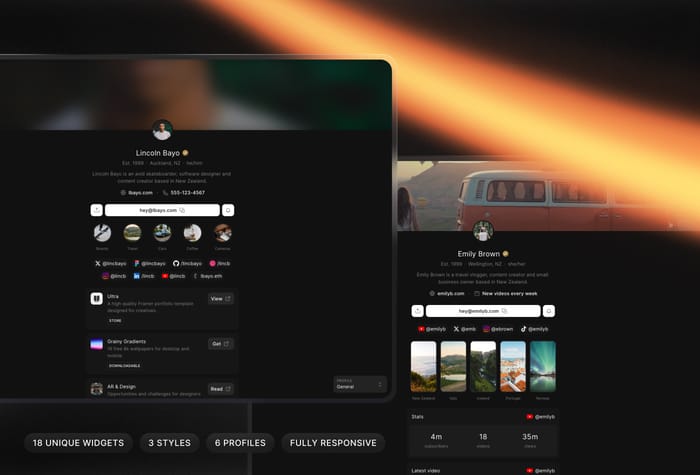 Linker — Portfolio Template - Linker is a versatile link in bio template built for Framer. It is designed with creative professionals in mind, with 18 unique widgets that each come with 3 different styles and 6 different profiles to use as a starting point.
