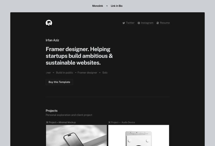 Monolink — Minimalist Bio Website - Introducing Monolink, A minimalist Framer link-in-bio template designed to optimize your digital presence. Effortlessly organize projects, areas, resources, and archives using the PARA method.