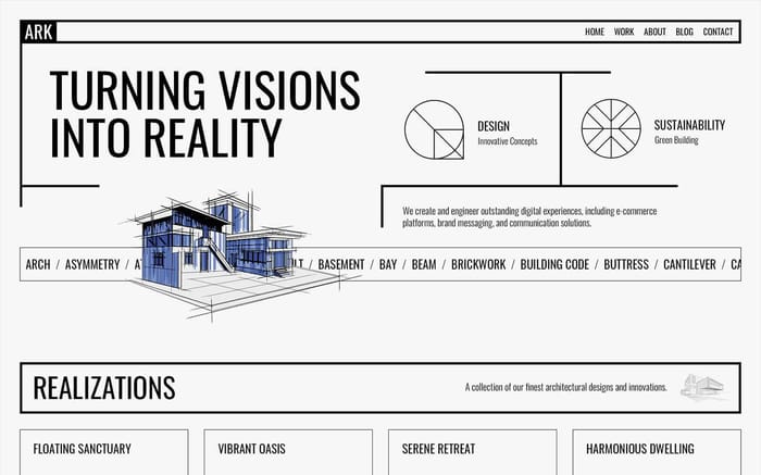 Ark - Architecture Website Template - ARK is an architecturally-inspired Webflow template, blending sleek design with intuitive layout. It's perfect for creating visually stunning and versatile websites for architectural projects and firms.