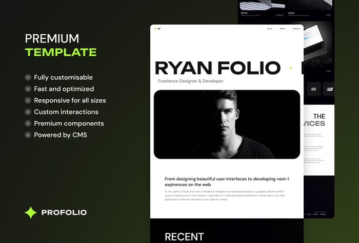 Profolio — Template Portfolio - Profolio is a modern and customizable website template designed for showcasing your freelance work. With its sleek design and easy-to-navigate layout, it's perfect for writers, designers, developers, marketers, and more. 