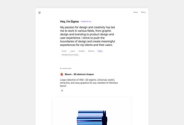 Sigma — Portfolio Template - Framer template that offers a convenient way to customize and get your own portfolio website. Use the freedom to edit content directly from the canvas and say hello to a high-quality design available in a several clicks.