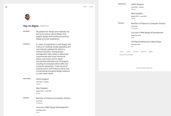 Sigma — Portfolio Template - Framer template that offers a convenient way to customize and get your own portfolio website. Use the freedom to edit content directly from the canvas and say hello to a high-quality design available in a several clicks.