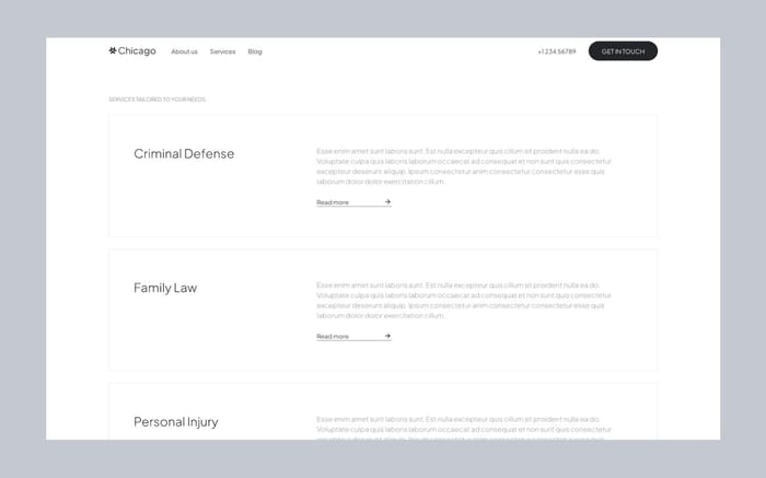 Chicago - Law Firm Website Template - Chicago is a modern Webflow template perfectly suited for Lawyer and Attorneys or other consultants. It comes with an elegant design and CMS integration. The template has everything your website will need to transform your visitors into clients.