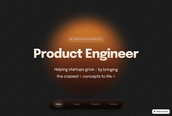 Creatives - Dark Framer template for creatives with a modern layout and 4 pages featuring sticky bottom navigation. Works best for a portfolio for a creative of any kind. Makes use of components, is lightweight, and is easy to customize. Works and looks great on all screen sizes.