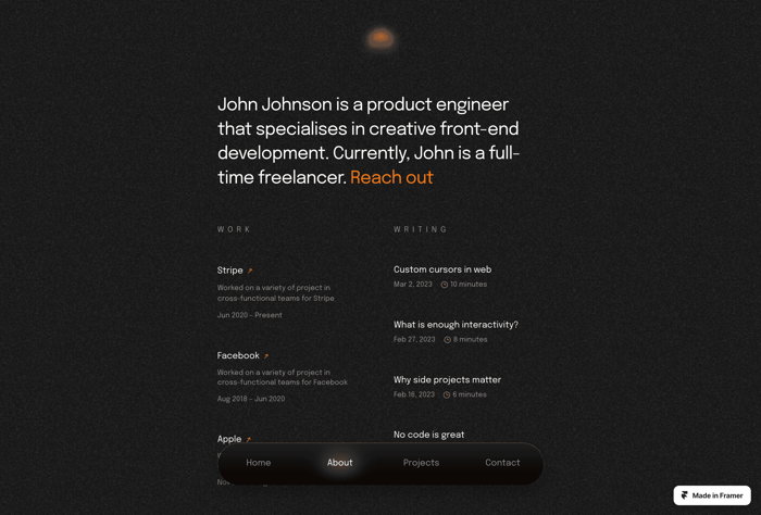Creatives - Dark Framer template for creatives with a modern layout and 4 pages featuring sticky bottom navigation. Works best for a portfolio for a creative of any kind. Makes use of components, is lightweight, and is easy to customize. Works and looks great on all screen sizes.