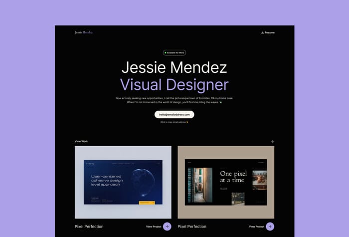 Lucidity — Portfolio Template - The Lucidity Framer template is a portfolio for designers that prioritizes the core aspects that truly matter in a portfolio. You and your work. Features include the ability to copy email address to clipboard, upload/download resume, CMS is used for project pages and it's fully responsive.