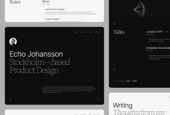 Echo — Portfolio Template - Echo is a sleek portfolio and professional website Framer template. It's the perfect way to make a lasting impression on potential clients and collaborators. Whether you're a designer, marketer, or developer, Echo has everything you need to create an impressive online presence.