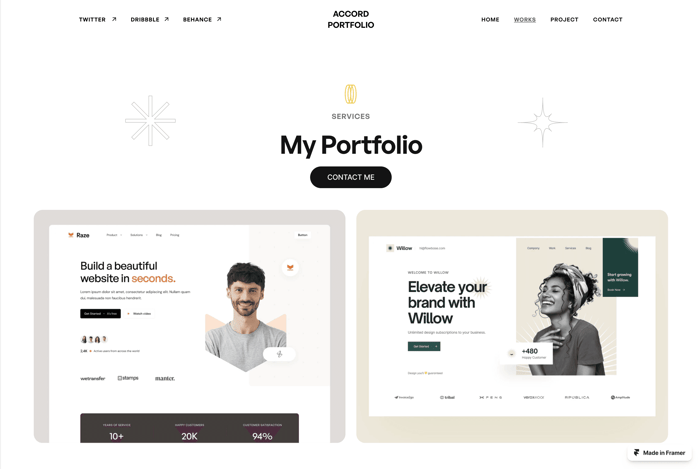 Accord — Modern Portfolio Template - Accord is a sleek and modern portfolio template designed specifically for Framer &amp; Figma. This template features a unique but clean and minimalist layout with ample white space that allows your work to take center stage.