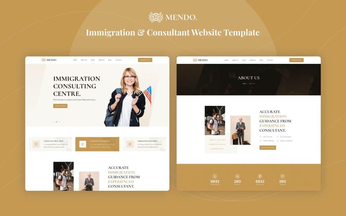 Mendo - Consulting Website Template - Mendo is an immigration consulting website template well-suited for creating a website for an immigration firm, migration firm, visa consulting firm, and other similar businesses. Mendo is easy to customize to suit your consulting businesses.