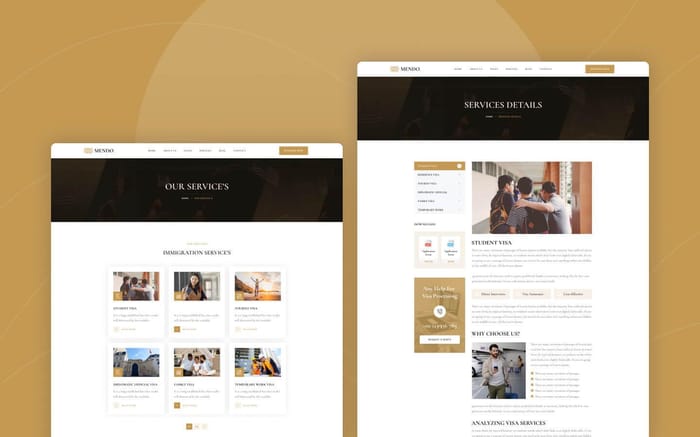 Mendo - Consulting Website Template - Mendo is an immigration consulting website template well-suited for creating a website for an immigration firm, migration firm, visa consulting firm, and other similar businesses. Mendo is easy to customize to suit your consulting businesses.