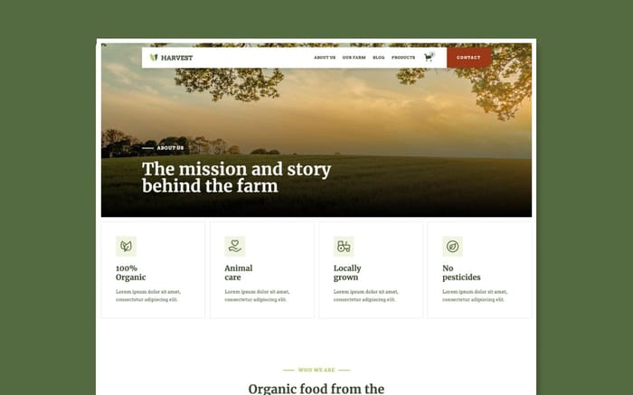 Harvest - Farm Website Template - Harvest is a trendy e-commerce agriculture template with multiple solutions. Specifically built for farms, agriculture firms, nature-based businesses, and organic product stores.