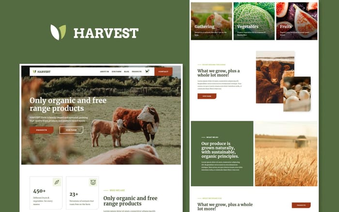 Harvest - Farm Website Template - Harvest is a trendy e-commerce agriculture template with multiple solutions. Specifically built for farms, agriculture firms, nature-based businesses, and organic product stores.