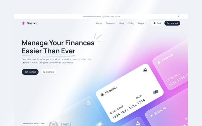 Financio - Finance Website Template - Financio is a premium Webflow template created for banks, fintech startups, credit card companies, and other financial businesses. The template is easy to use and fully responsive.